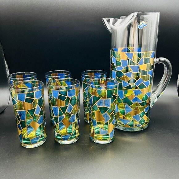 Vtg MCM West Virginia Glass Cocktail Set 22K Gold Mosaic 7 pc 50 oz Pitcher - Picture 1 of 16